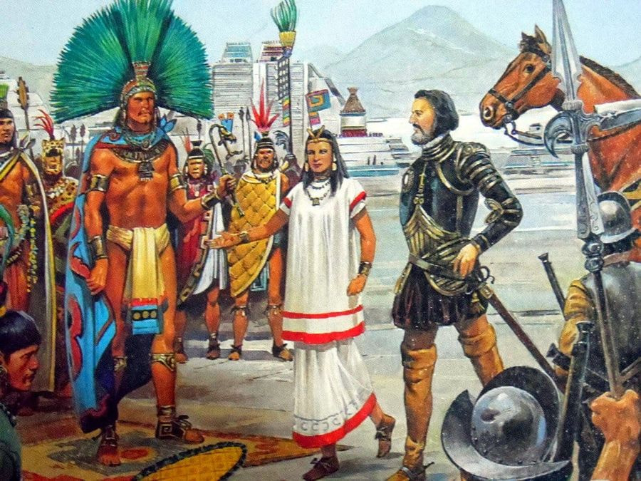 Encuentro entre Cortés y Moctezuma, con Malinalli como intérprete